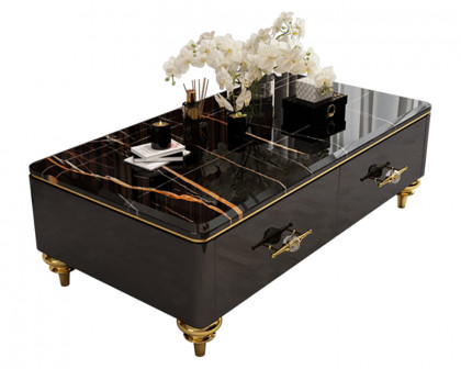 HMR Chift 51" Modern Marble Coffee Table & Storage Drawers Gold Stainless Steel Legs - Black