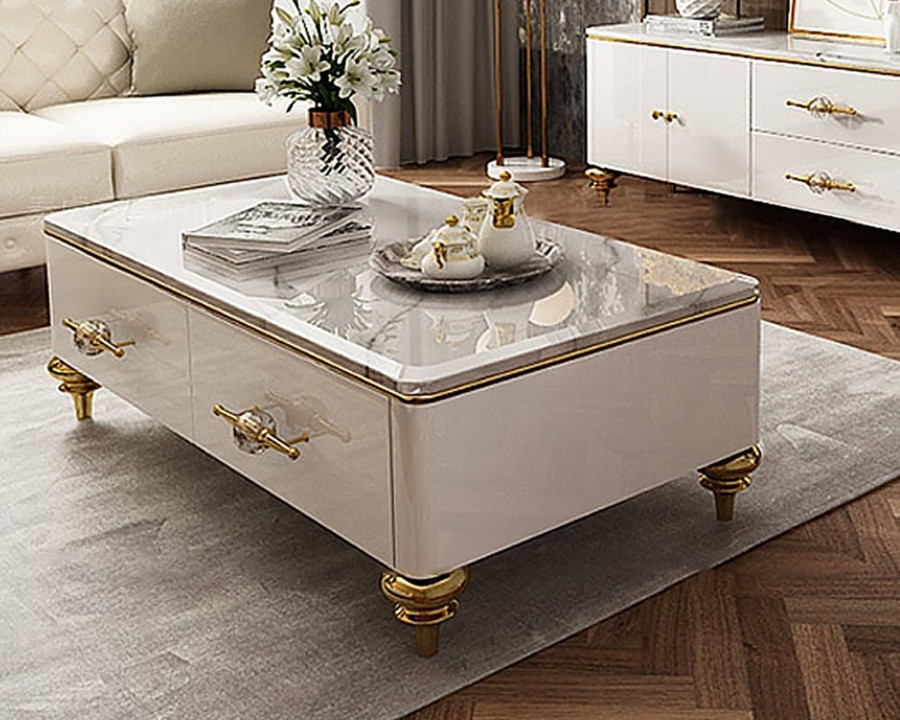 HMR Chift 51" Modern Marble Coffee Table & Storage Drawers Gold Stainless Steel Legs - White