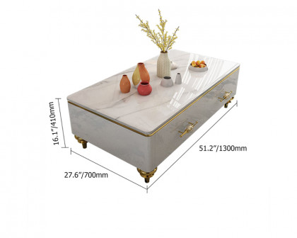 HMR Chift 51" Modern Marble Coffee Table & Storage Drawers Gold Stainless Steel Legs - White