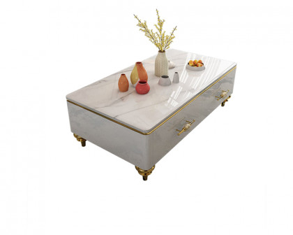 HMR Chift 51" Modern Marble Coffee Table & Storage Drawers Gold Stainless Steel Legs - White