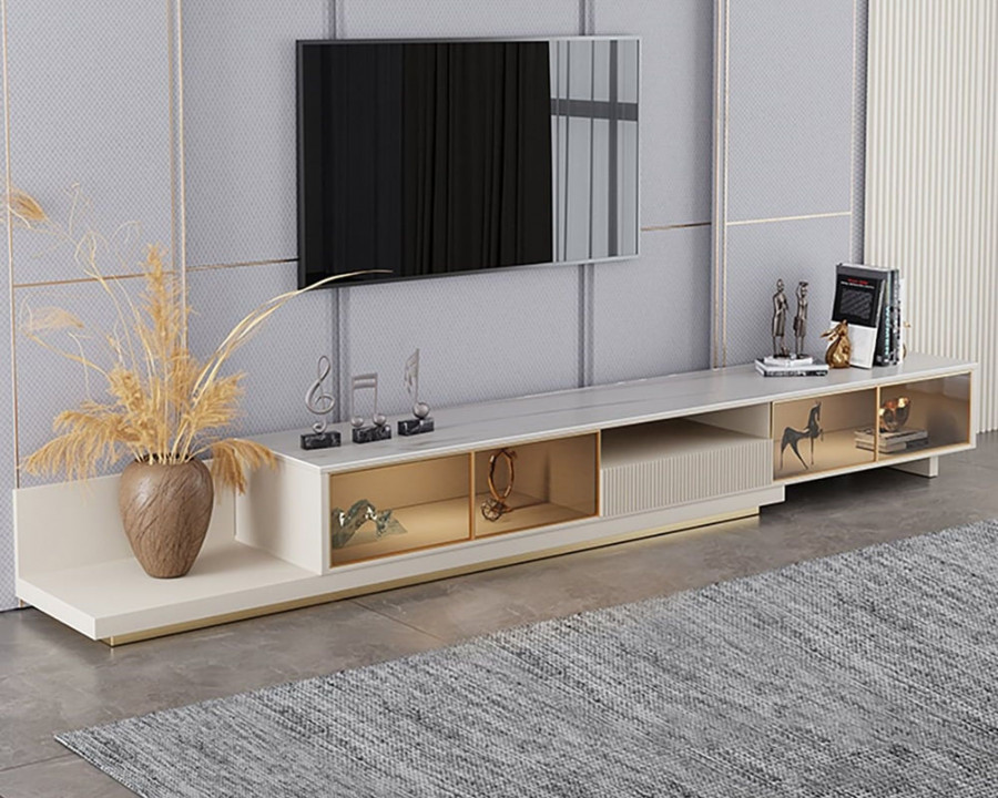 HMR 110.2" Modern Extendable TV Stand Glass Door Media Console with LED Light & Drawer - Light Khaki