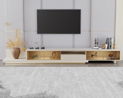 HMR 110.2" Modern Extendable TV Stand Glass Door Media Console with LED Light & Drawer - Light Khaki