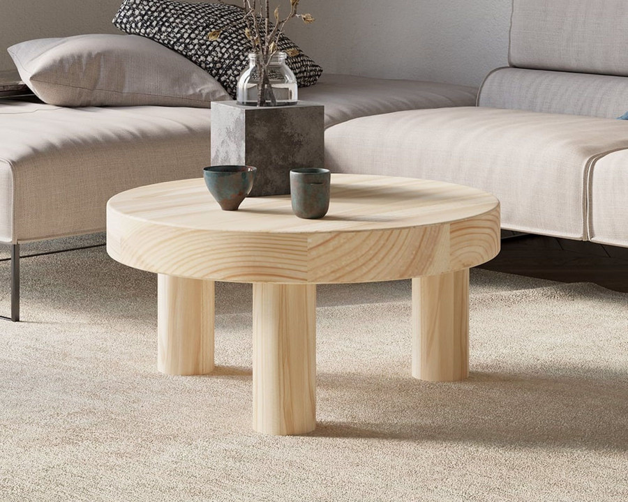 HMR Threeens 23.6" Round Pine Wood Coffee Table Center Table for Living Room - Natural