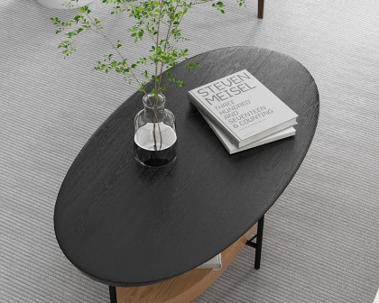 HMR Modern Oval Coffee Table with Storage Shelf - Black/Natural