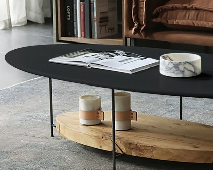 HMR Modern Oval Coffee Table with Storage Shelf - Black/Natural