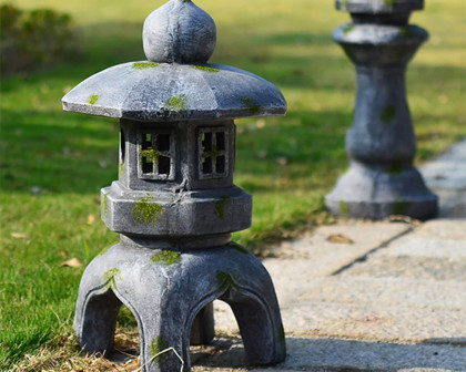 HMR Outdoor Garden Geometric Japanese Solar Lantern Sculpture Statue Asian Decor - Gray