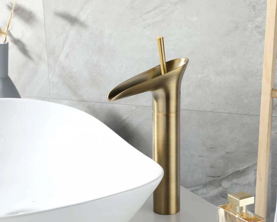 HMR Ashfie Classic Single Tall Waterfall Basin Mixer Tap - Antique Brass