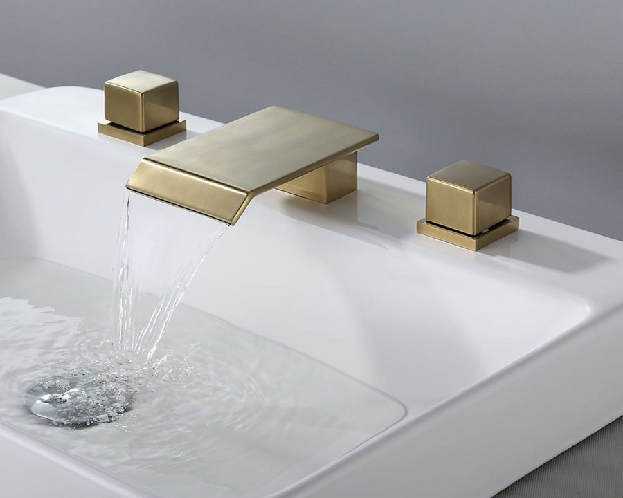 HMR Moda Waterfall Widespread Bathroom Sink Faucet with Square Double Handle - Brushed Gold, Brass