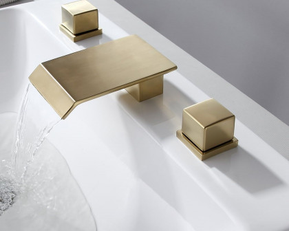 HMR Moda Waterfall Widespread Bathroom Sink Faucet with Square Double Handle - Brushed Gold, Brass