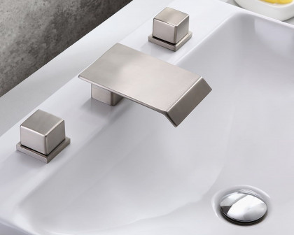 HMR Moda Waterfall Widespread Bathroom Sink Faucet with Square Double Handle - Brushed Nickel, Brass