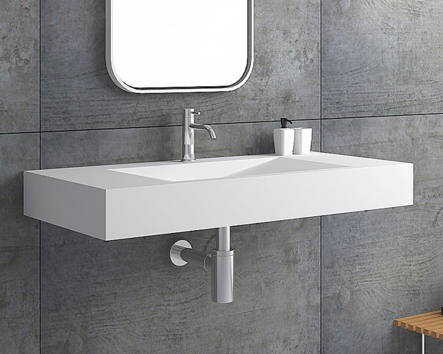 HMR Wall-Mount Floating Bathroom V-Shaped Sink - Glossy White