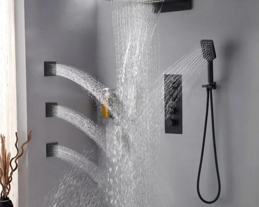 HMR Wall Mounted Waterfall Rain Standard Shower System with 3 Body Sprays - Matte Black