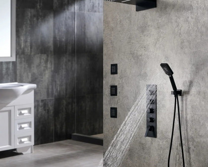 HMR Wall Mounted Waterfall Rain Standard Shower System with 3 Body Sprays - Matte Black