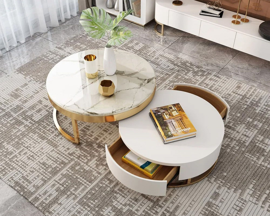 HMR Nesnesis Series Modern Round Nesting Coffee Table with Drawers - White