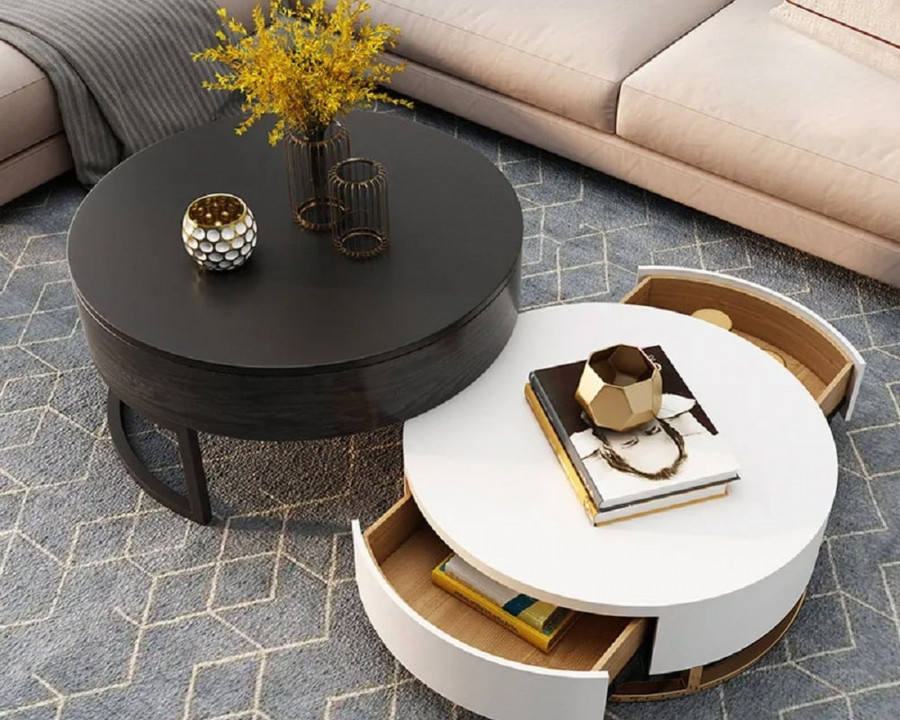 HMR Nesnesis Series Modern Round Nesting Coffee Table with Drawers - White/Black