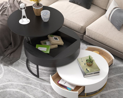 HMR Nesnesis Series Modern Round Nesting Coffee Table with Drawers - White/Black