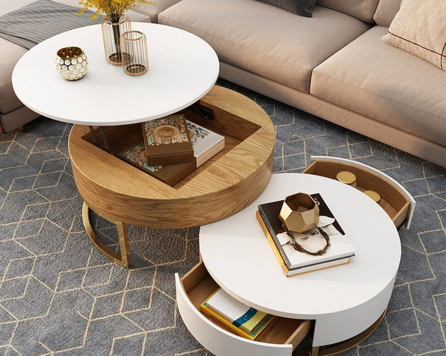 HMR Nesnesis Series Modern Round Nesting Coffee Table with 2 Drawers - White/Natural