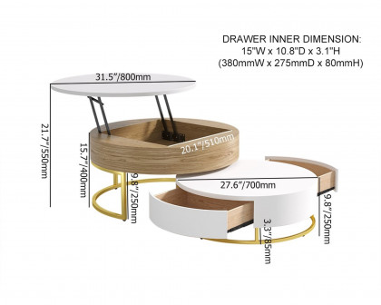 HMR Nesnesis Series Modern Round Nesting Coffee Table with 2 Drawers - White/Natural