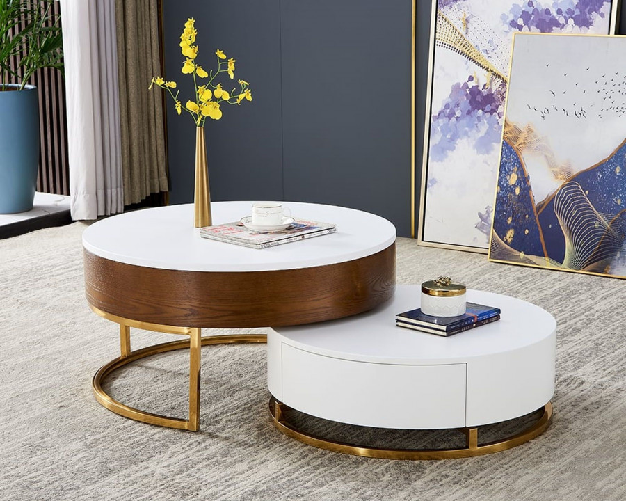 HMR Nesnesis Series Modern Round Nesting Coffee Table with 2 Drawers