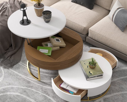 HMR Nesnesis Series Modern Round Nesting Coffee Table with 2 Drawers - White/Walnut