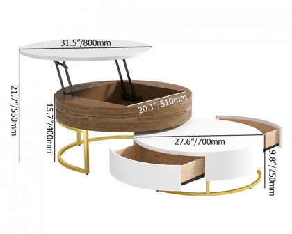 HMR Nesnesis Series Modern Round Nesting Coffee Table with 2 Drawers - White/Walnut