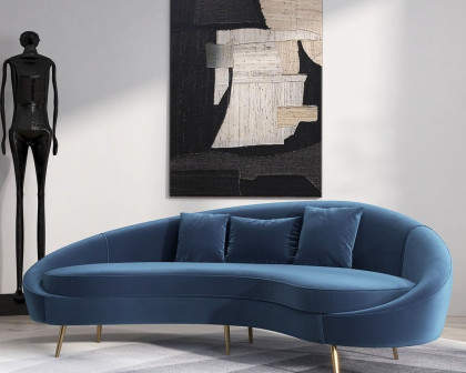 HMR Modern 95" Curved Sofa with Velvet Upholstery and Toss Pillow - Blue