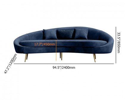 HMR Modern 95" Curved Sofa with Velvet Upholstery and Toss Pillow - Blue