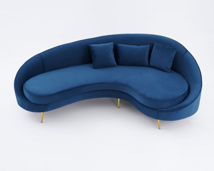 HMR Modern 95" Curved Sofa with Velvet Upholstery and Toss Pillow - Blue