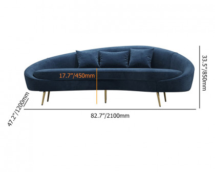 HMR Modern 83" Curved Sofa with Velvet Upholstery and Toss Pillow - Blue