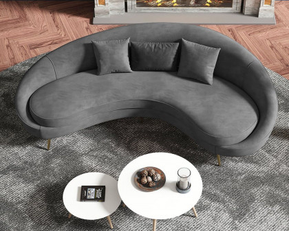 HMR Modern 83" Curved Sofa with Velvet Upholstery and Toss Pillow - Gray