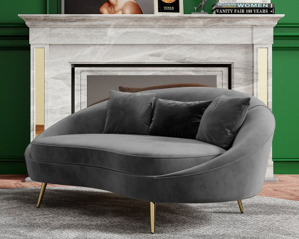 HMR Modern 63" Curved Sofa with Velvet Upholstery and Toss Pillow - Gray