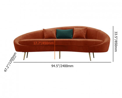 HMR Modern 95" Curved Sofa with Velvet Upholstery and Toss Pillow - Bronze