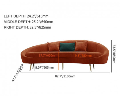 HMR Modern 83" Curved Sofa with Velvet Upholstery and Toss Pillow - Bronze