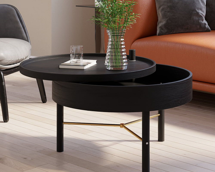 HMR Modern Round Wood Rotating Tray Coffee Table with Storage & Metal Legs