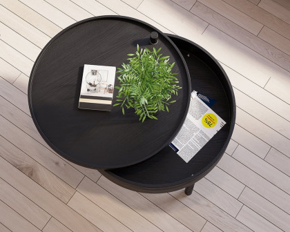 HMR Modern Round Wood Rotating Tray Coffee Table with Storage & Metal Legs - Black