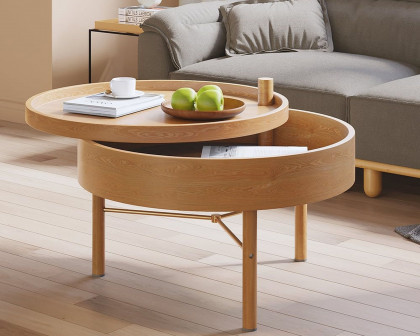 HMR Modern Round Wood Rotating Tray Coffee Table with Storage & Metal Legs