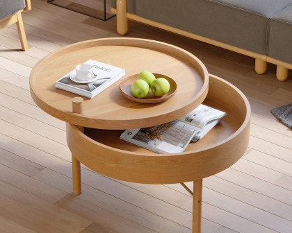 HMR Modern Round Wood Rotating Tray Coffee Table with Storage & Metal Legs - Natural