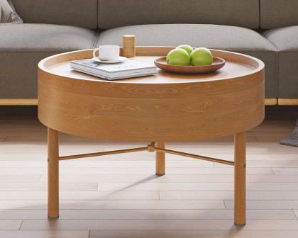 HMR Modern Round Wood Rotating Tray Coffee Table with Storage & Metal Legs - Natural