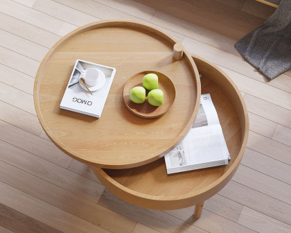 HMR Modern Round Wood Rotating Tray Coffee Table with Storage & Metal Legs - Natural