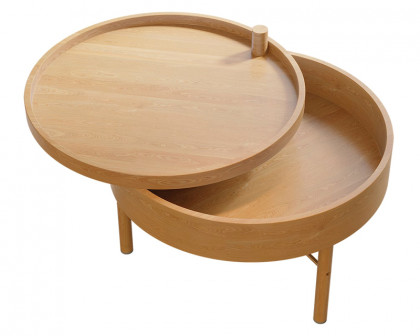 HMR Modern Round Wood Rotating Tray Coffee Table with Storage & Metal Legs - Natural