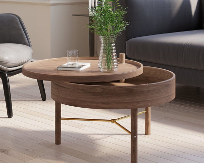 HMR Modern Round Wood Rotating Tray Coffee Table with Storage & Metal Legs