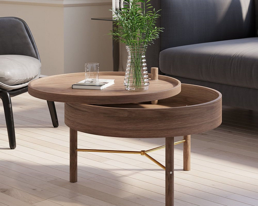 HMR Modern Round Wood Rotating Tray Coffee Table with Storage & Metal Legs - Walnut