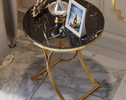 HMR Modern Luxurious Round Side Table - Black/Gold, Marble