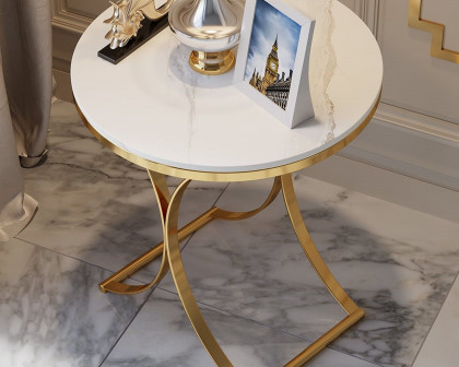 HMR Modern Luxurious Round Side Table - White/Gold, Marble