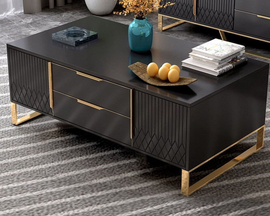 HMR Aro Modern Rectangular Coffee Table with Storage - Black/Gold