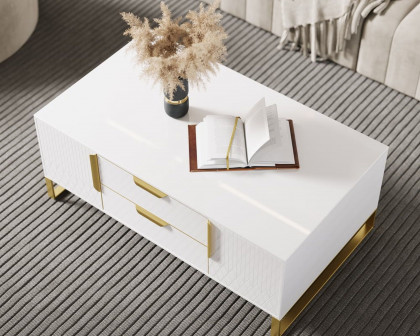 HMR Aro Modern Rectangular Coffee Table with Storage - White/Gold