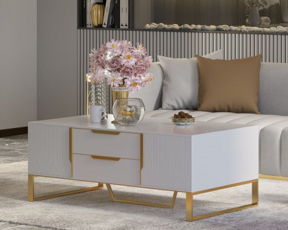 HMR Aro Modern Rectangular Coffee Table with Storage - White/Gold