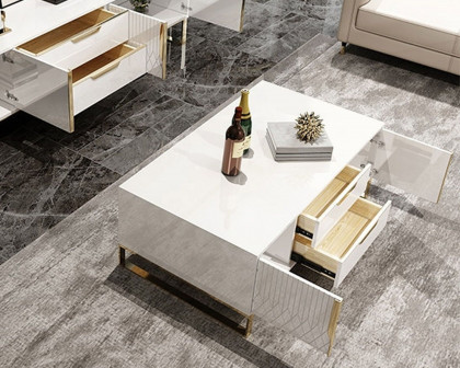 HMR Aro Modern Rectangular Coffee Table with Storage - White/Gold