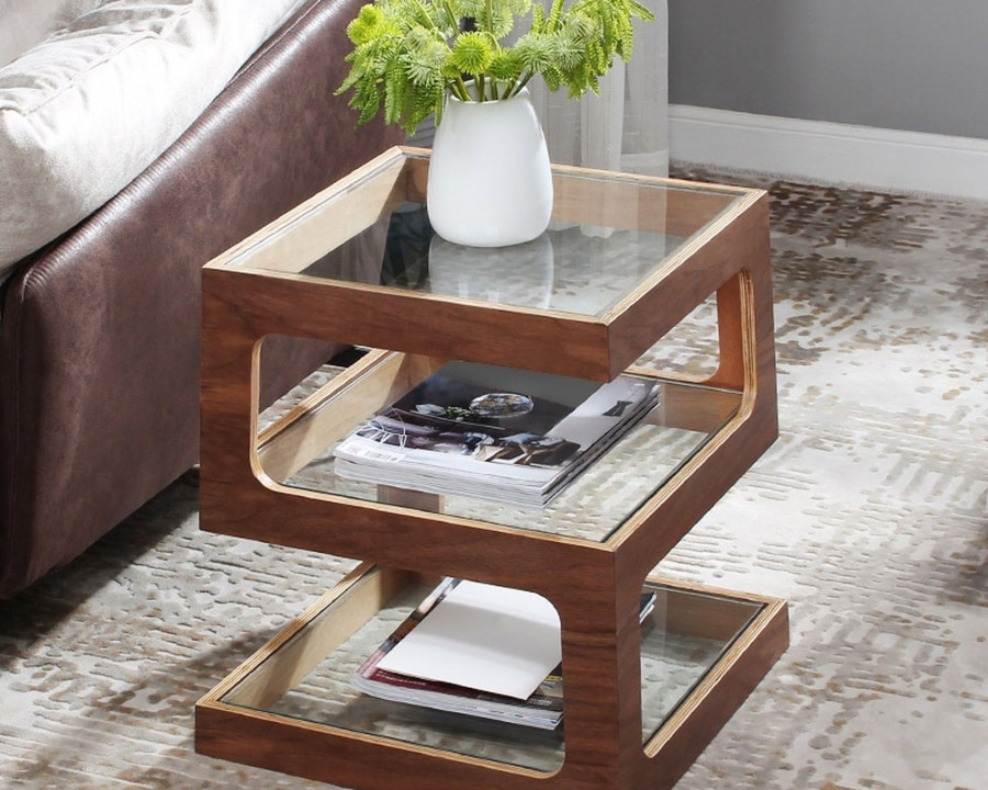 HMR Modern Glass End Table with 3 Tiers - Walnut