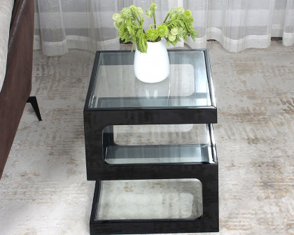 HMR Modern Glass End Table with 3 Tiers - Black